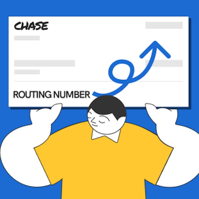 An illustrated man holding a Chase bank's check with a routing number.