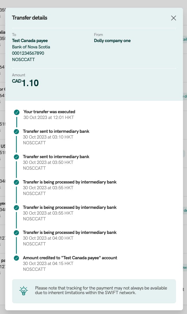 a screenshot of the outgoing payment on a statrys business account dashboard