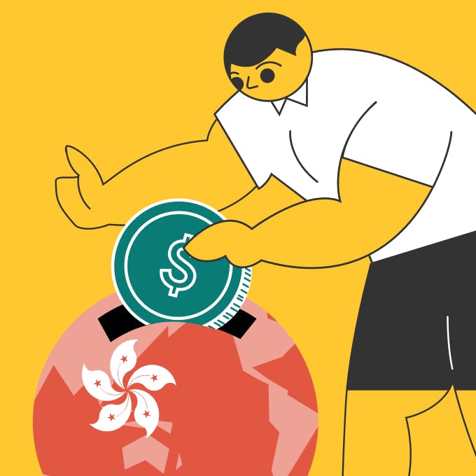 an illustration of statrys mascot putting a dollar coin onto a globe with a hong kong symbol