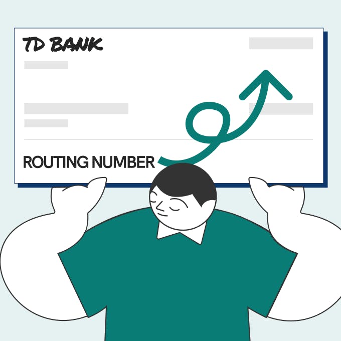 An illustrated man holding a TD Bank's check with a routing number.