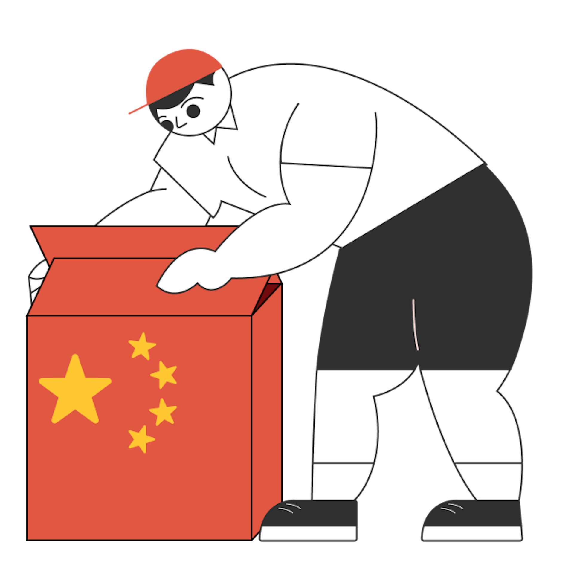 An Illustration of a man unpacking products sourced from China