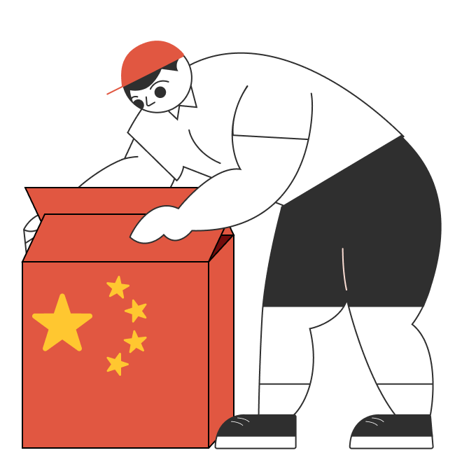 An Illustration of a man unpacking products sourced from China