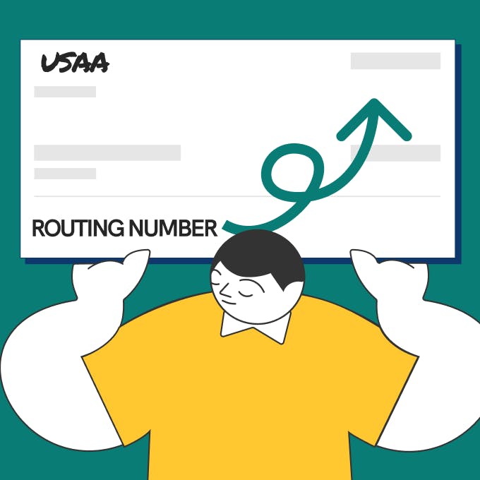 An illustrated man holding a USAA bank's check with a routing number.