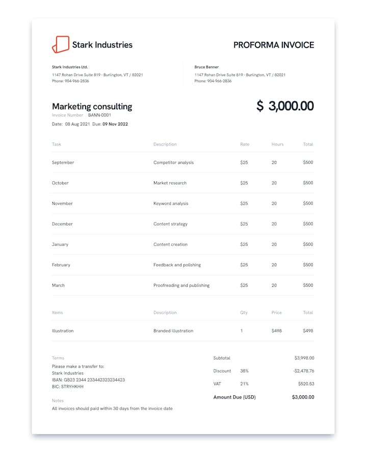 An example of a pro forma invoice