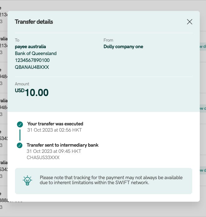 a screenshot of the transfer details on a statrys business account dashboard