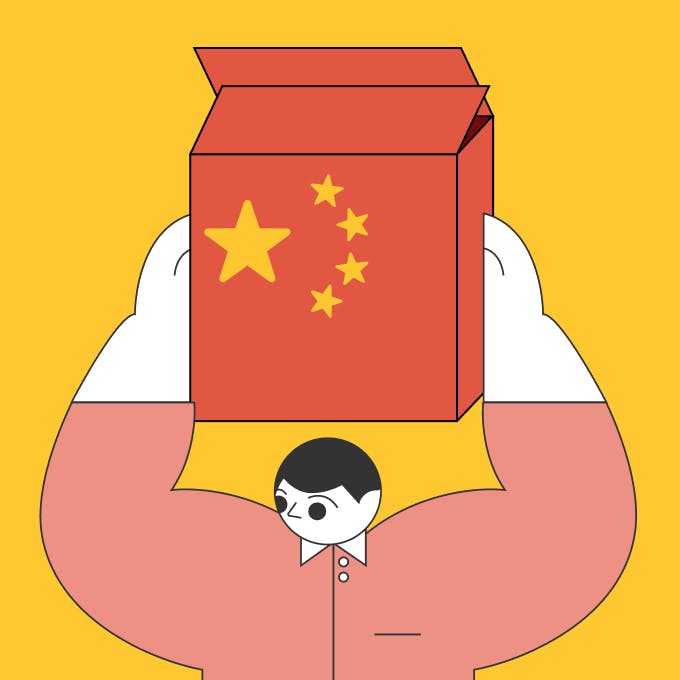An illustrated man holding a box containing products imported from China