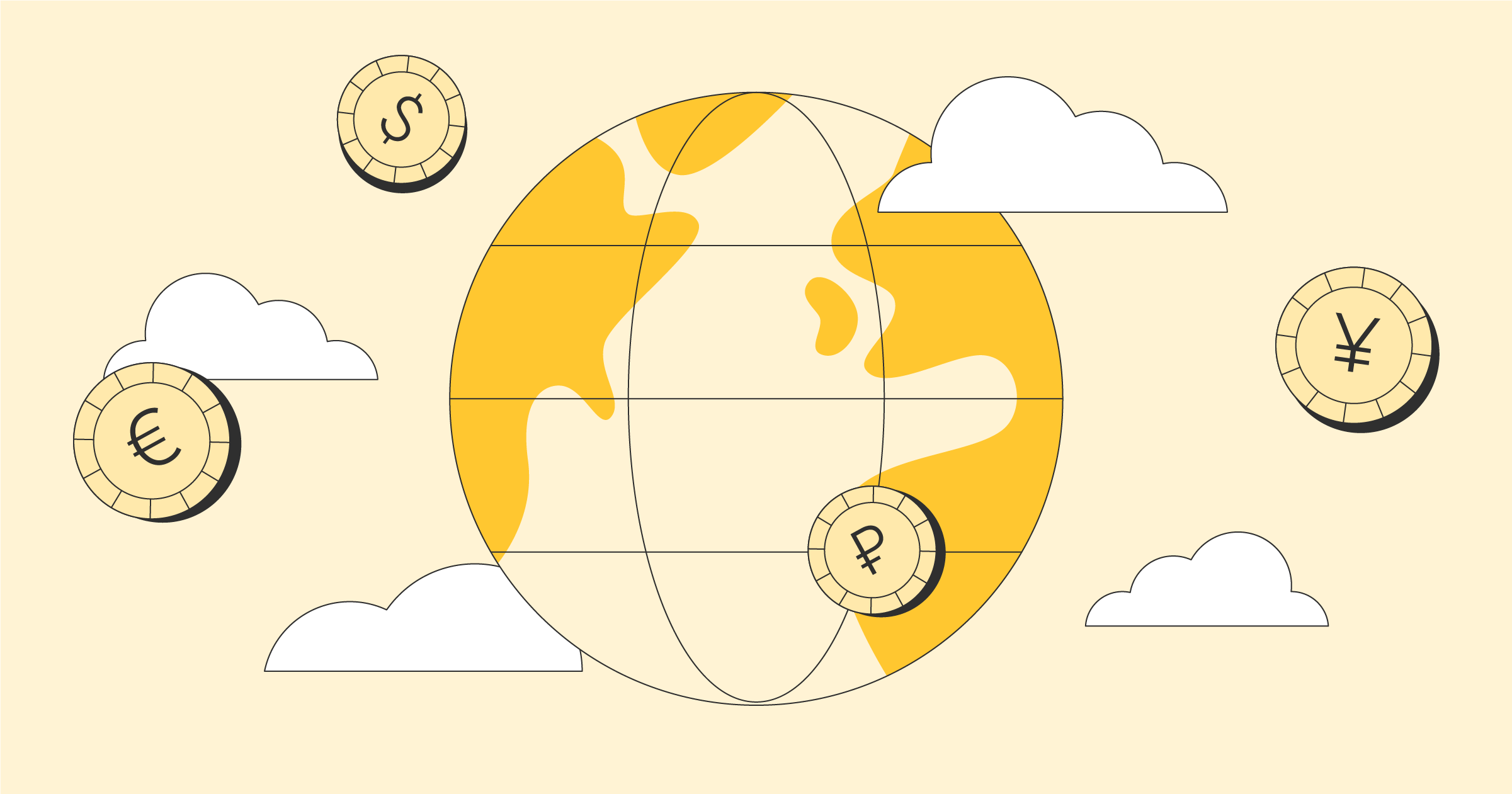 A globe in the clouds is surrounded by currency, representing foreign exchange risk.