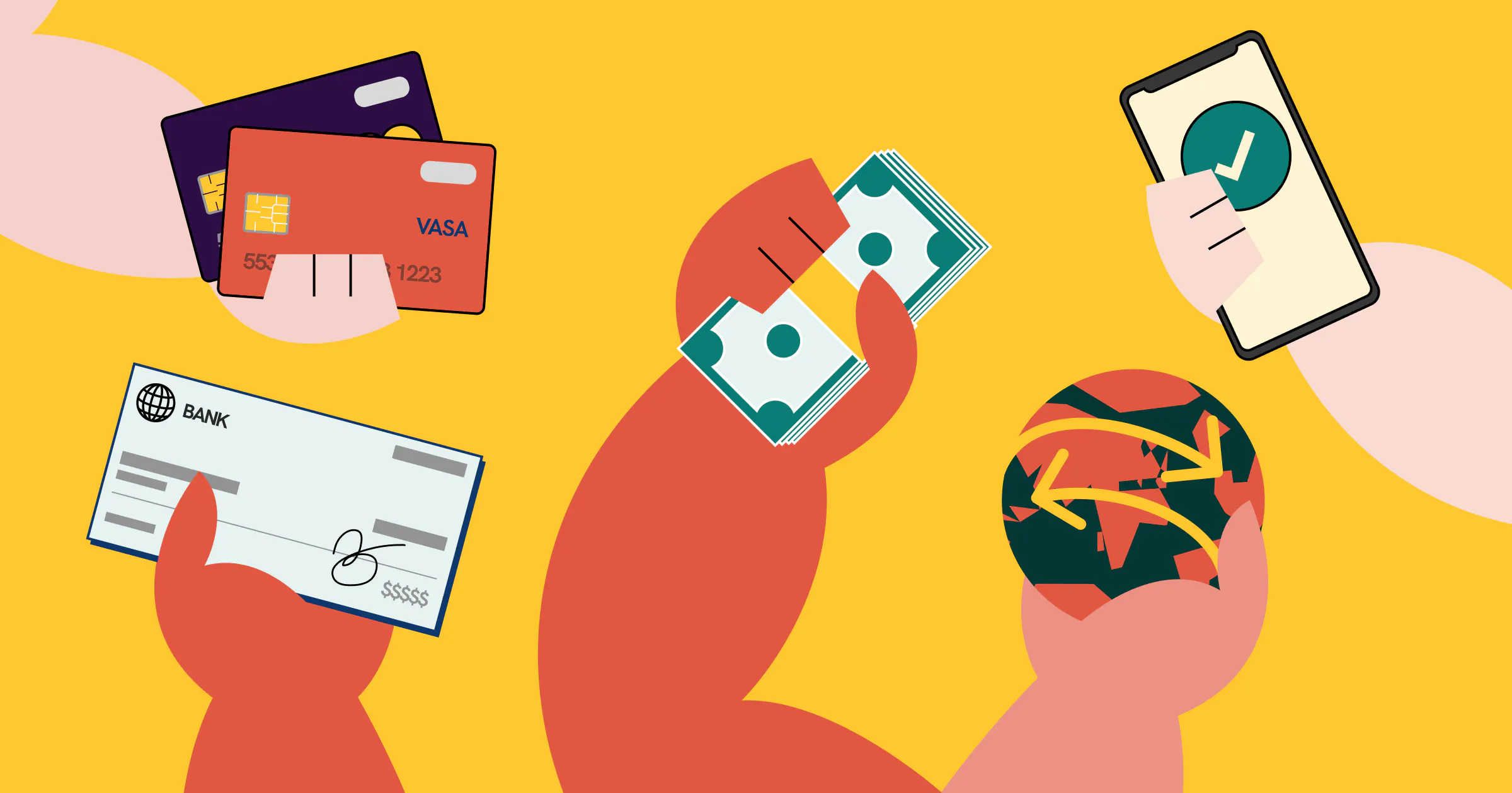 An illustration of different types of payment methods used in Hong Kong, including credit cards, wallets, checks, and cash.