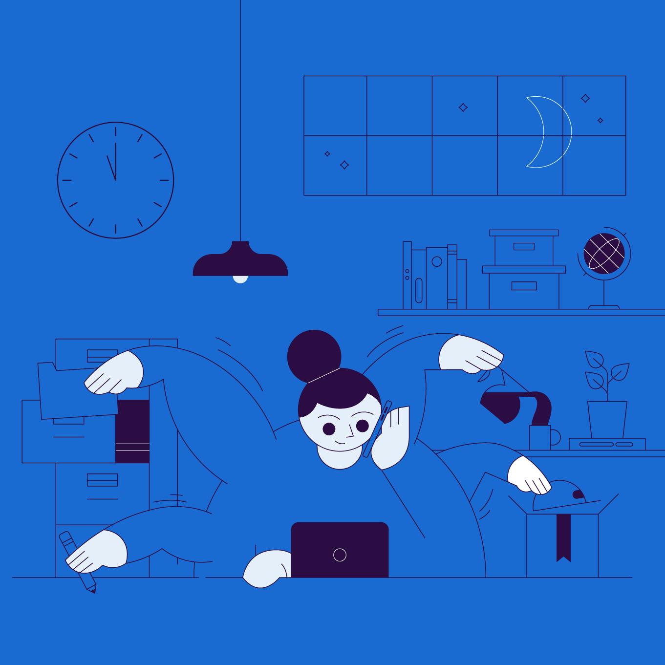 An illustration of a person with multiple arms performing work and learning how to be a successful entrepreneur.