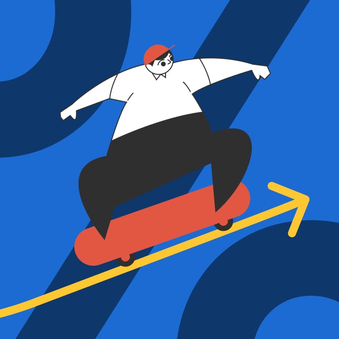 An illustrated man on a skateboard is in an upward motion, showing an increase in cash flow percentage in the background.