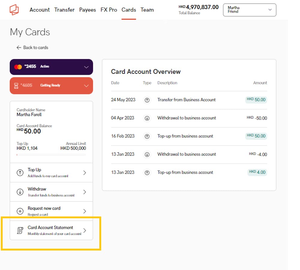 Click on card account statement
