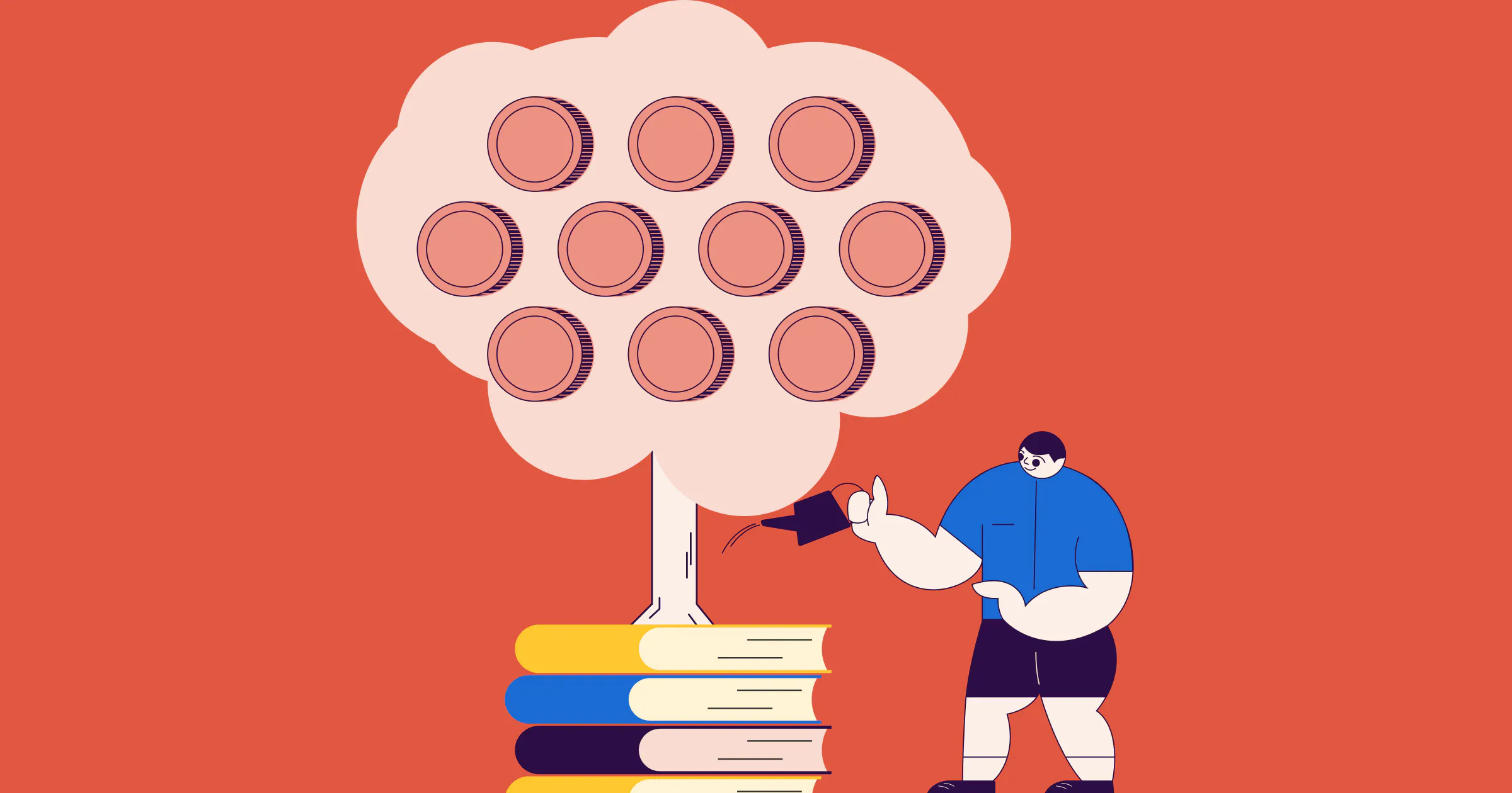 An image featuring Statrys mascot watering a tree with money inside, symbolising dividend growth, with a stack of books as roots.