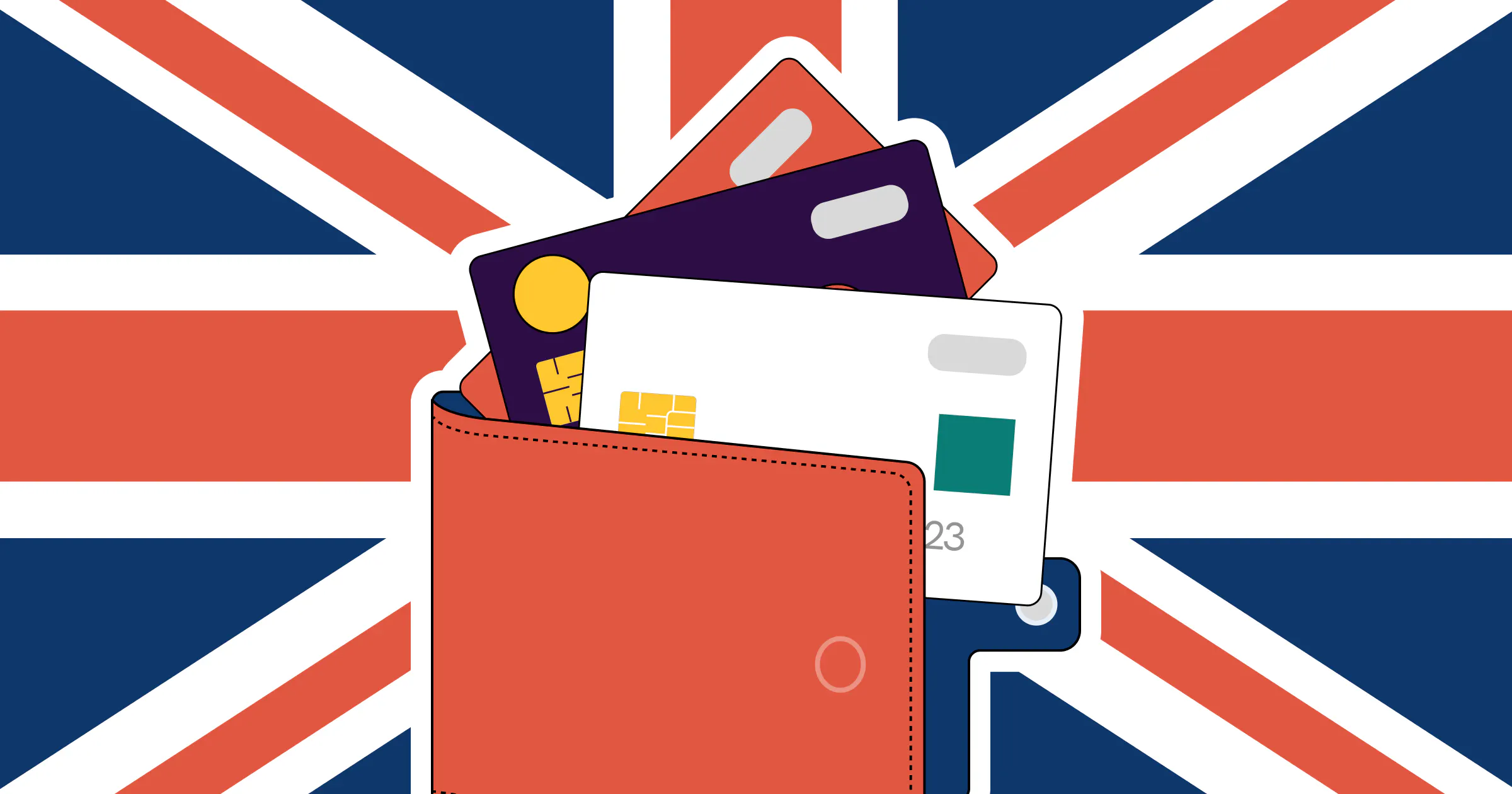 A graphic illustration of a wallet representing multi-currency bank accounts in the UK