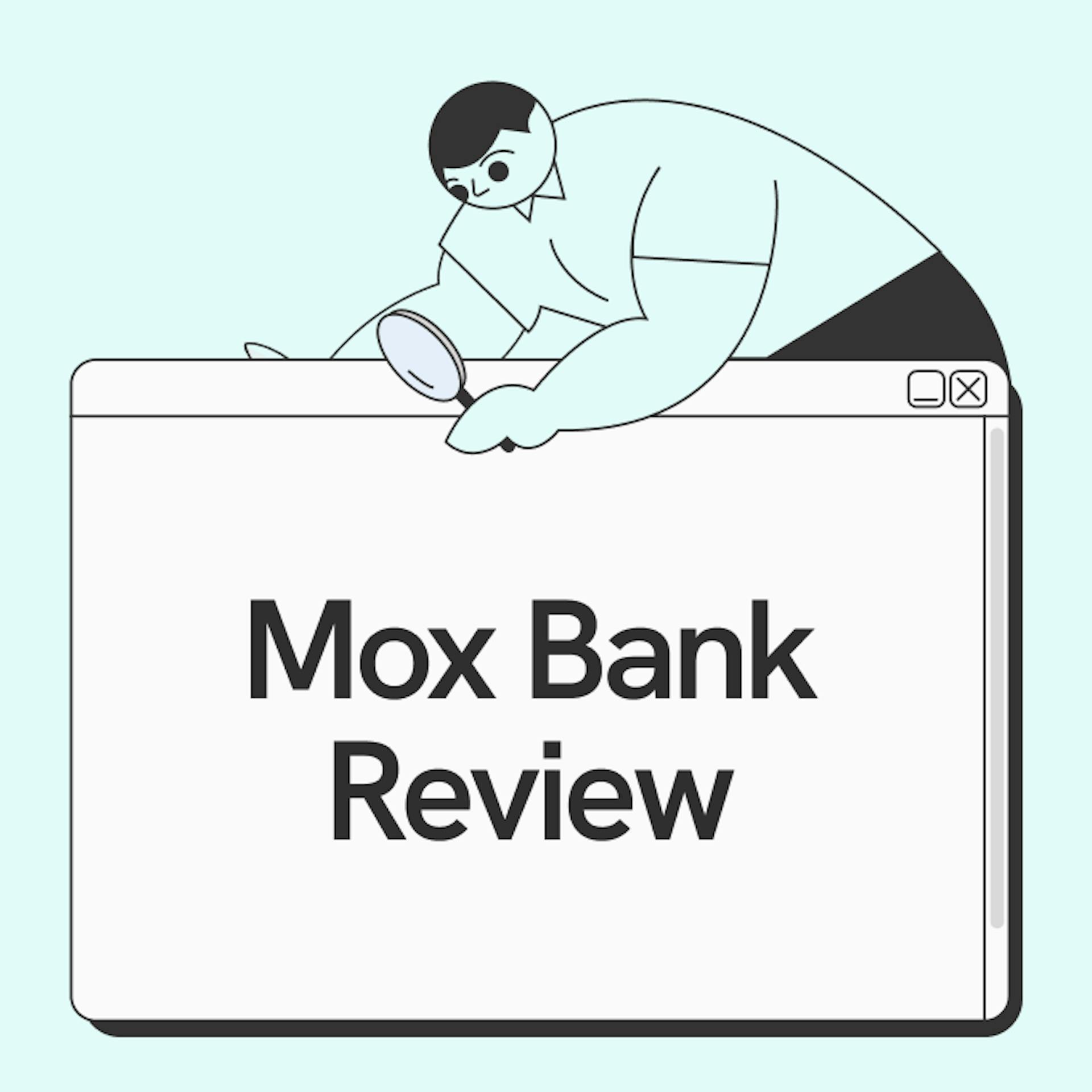 A Statrys boy holding and looking into a screen that says Mox Bank Review