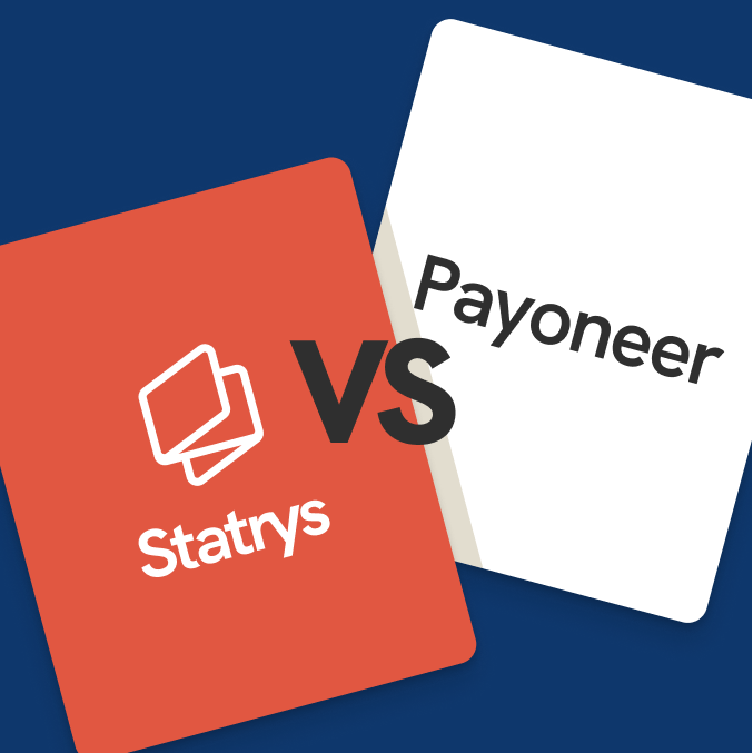 Statrys vs Payoneer comparison graphic featuring two cards, one for Statrys on the left in coral and one for Payoneer on the right in white.