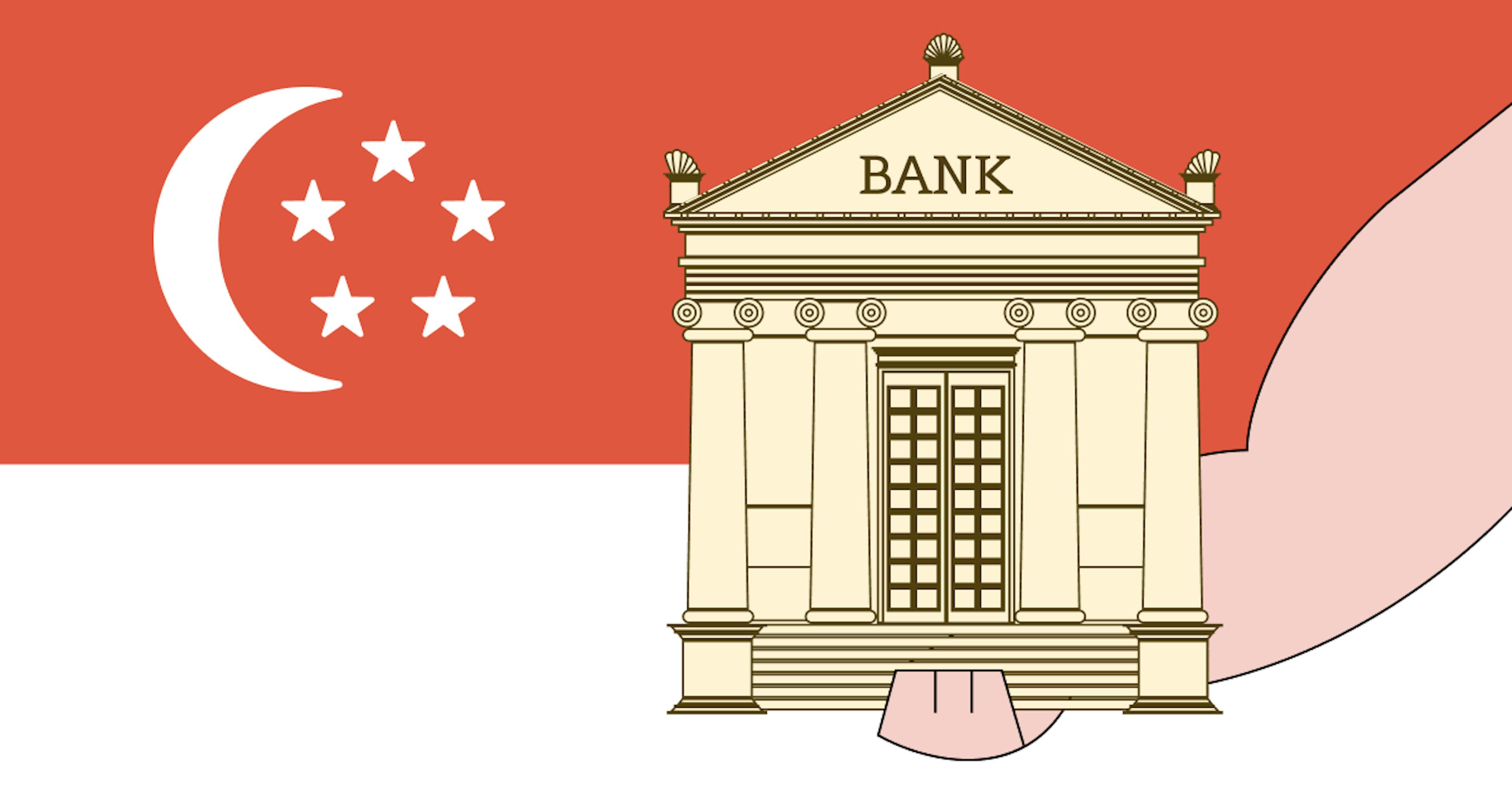 A graphic of a bank being held with the Singapore flag as the background