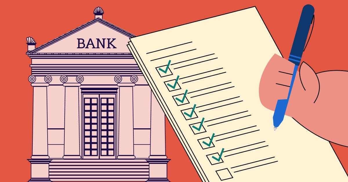 A graphic of a bank with a checklist of requirements