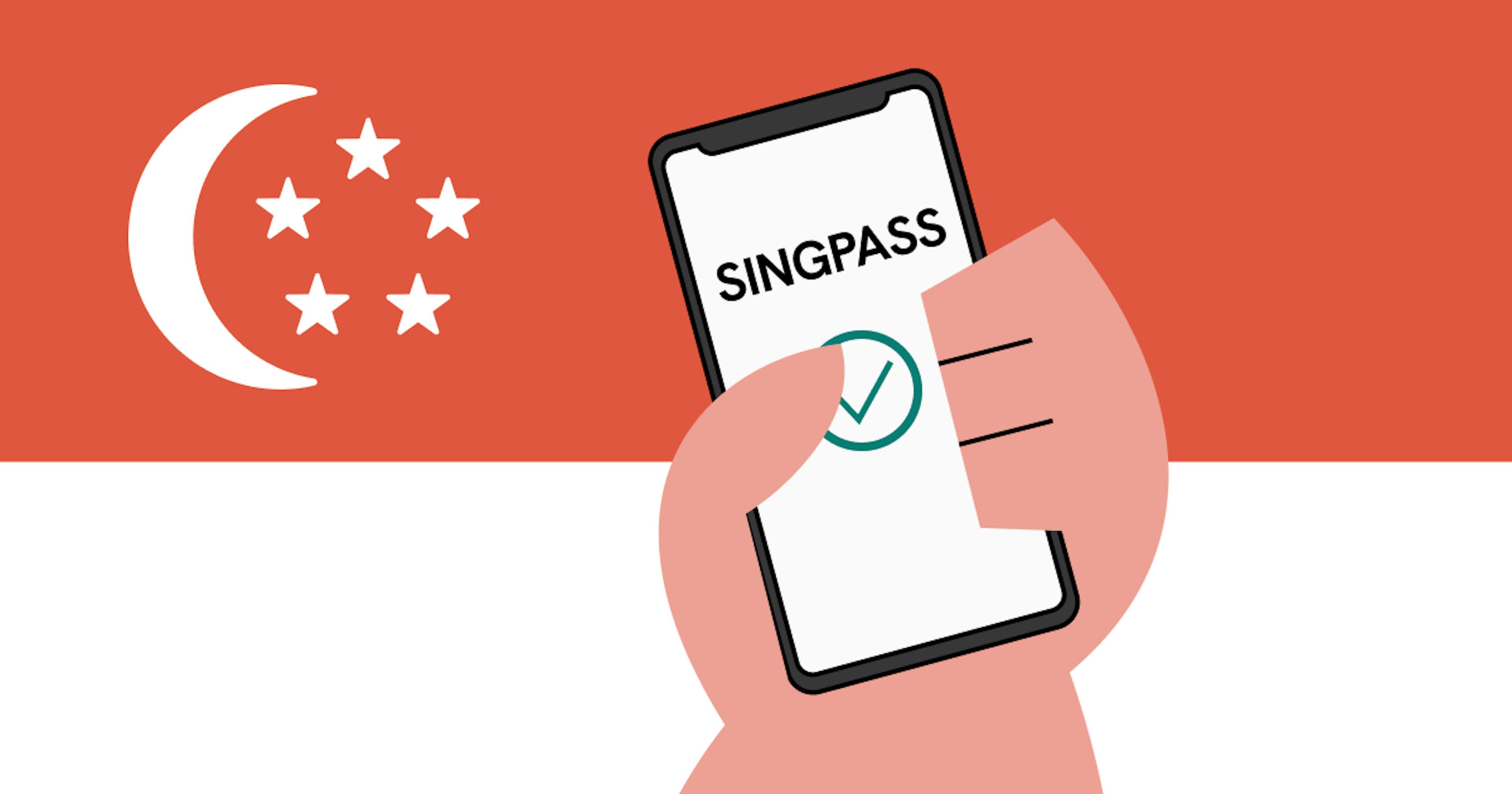 A graphic of a SingPass ID on a smartphone held in by hand