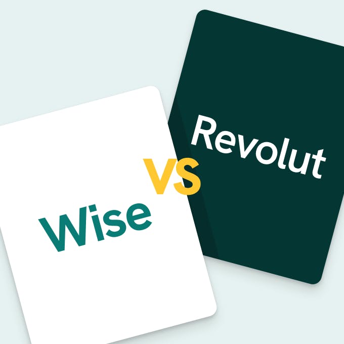 Wise vs Revolut comparison graphic featuring two cards, one for Wiseon the left in white and one for Revolut on the right in dark green.