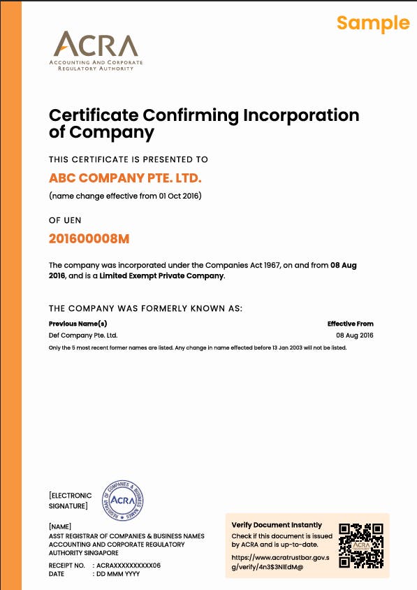 Singapore Certificate of Incorporation Sample