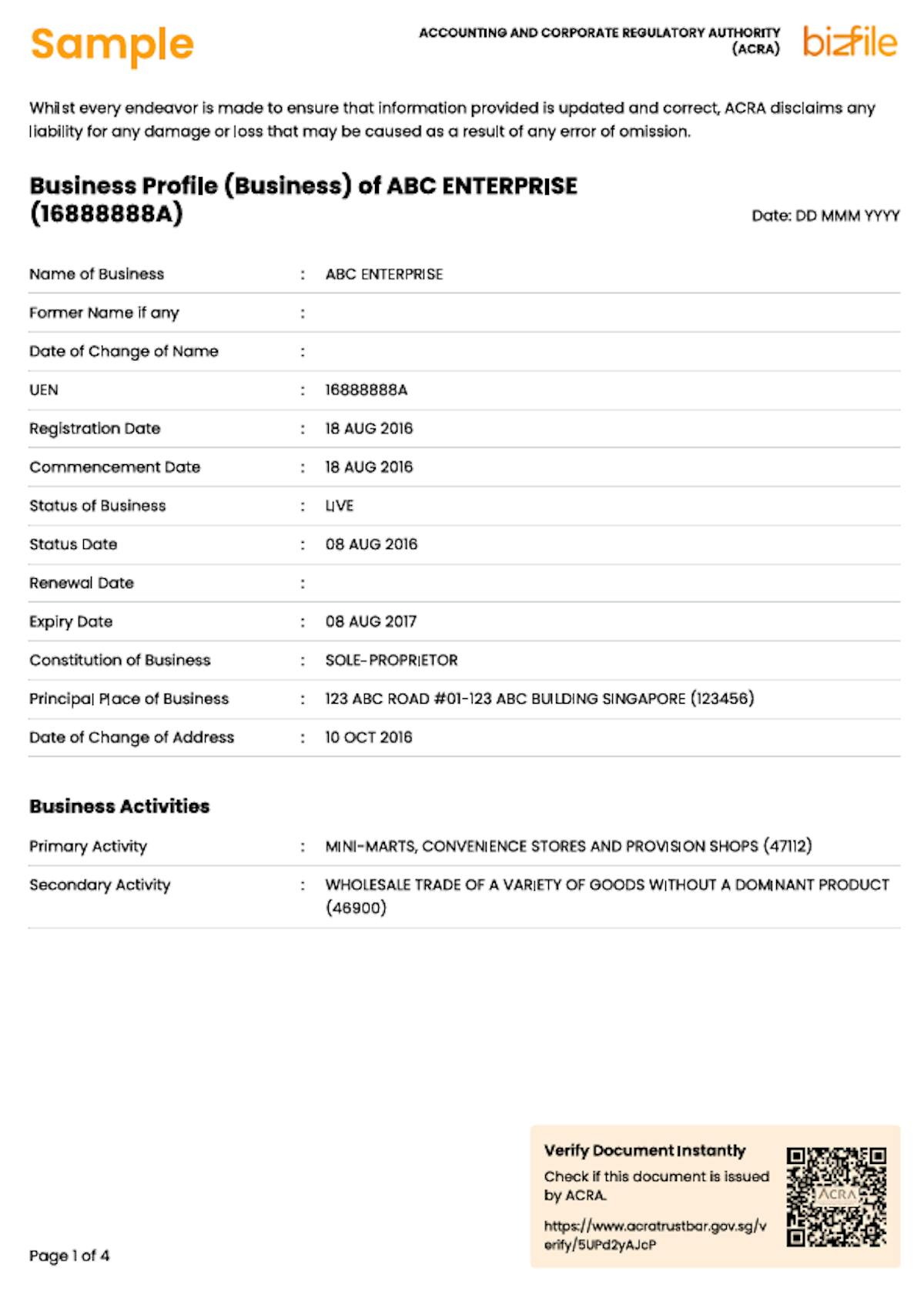 Singapore Business Profile Sample