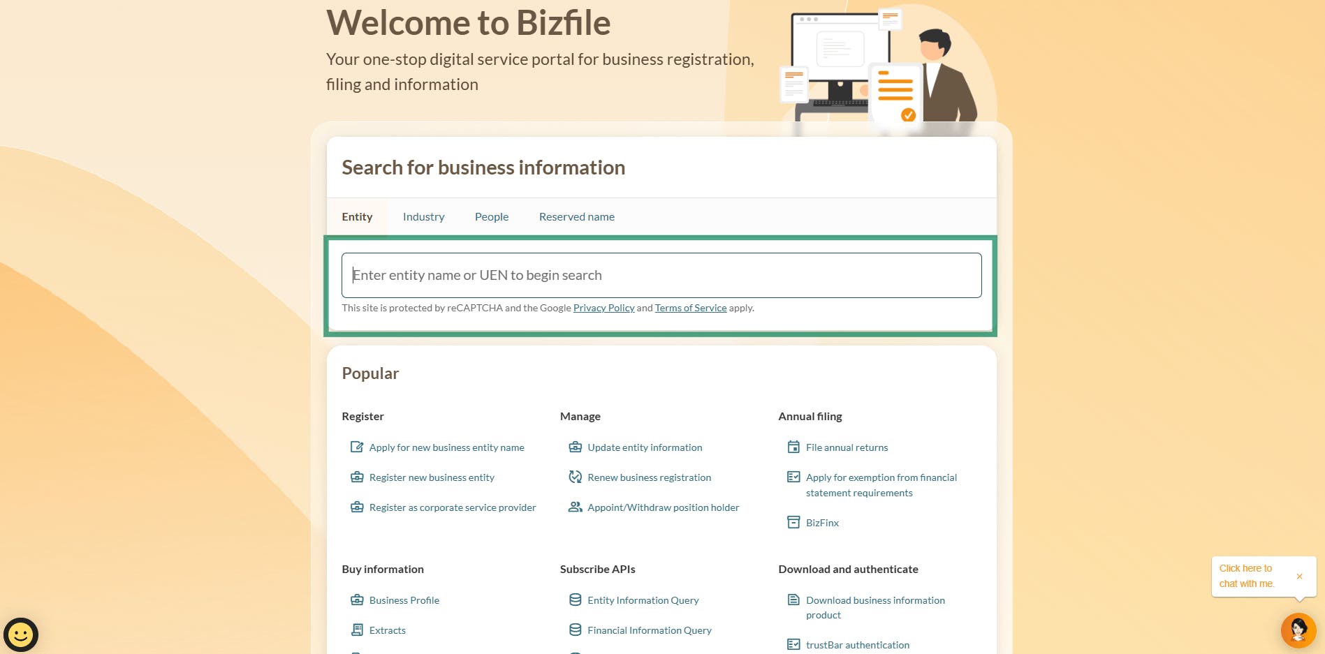 Step 1 to check name availability on Bizfile