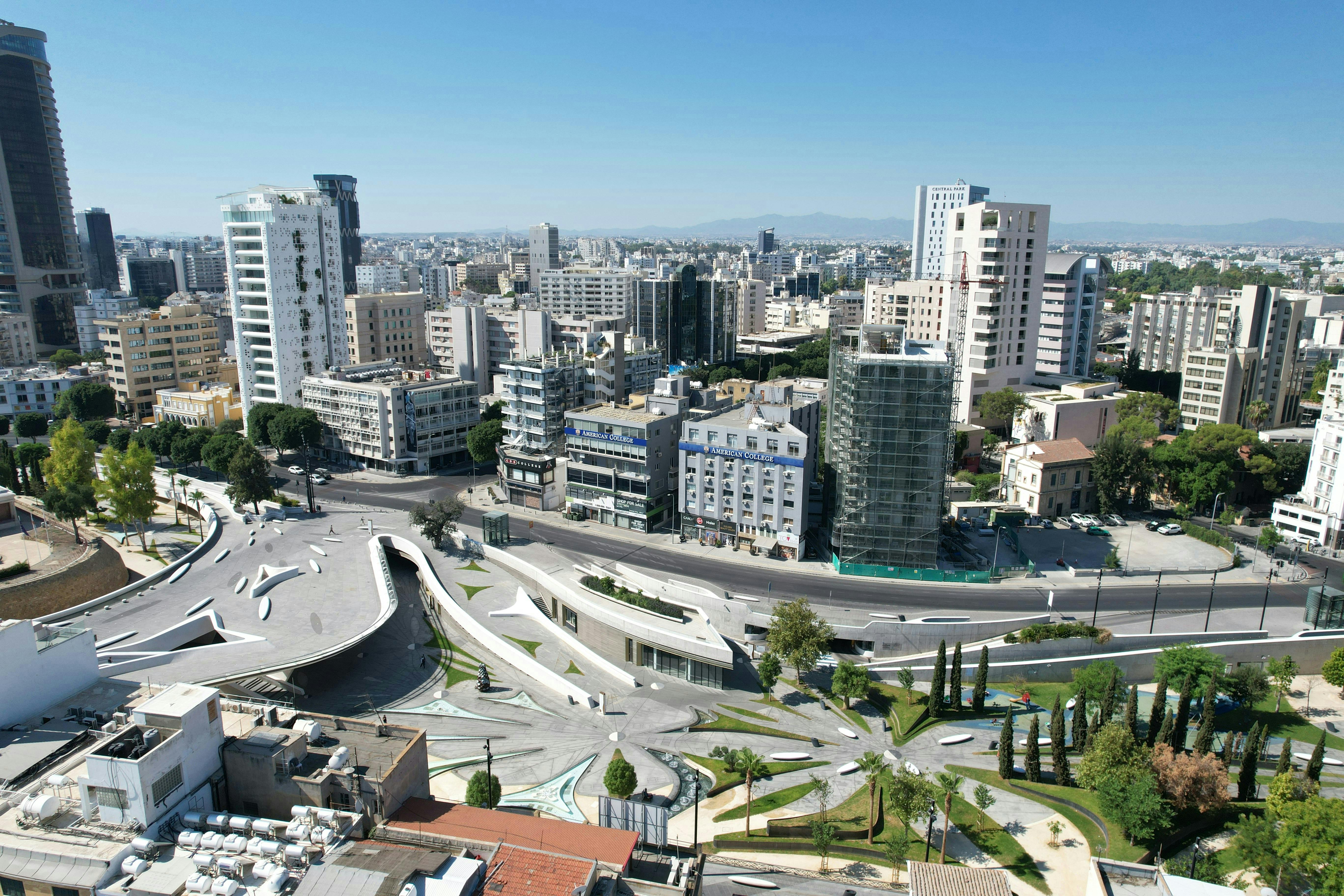 A view of the Nicosia city centre in Cyprus, featuring modern urban cityscape.