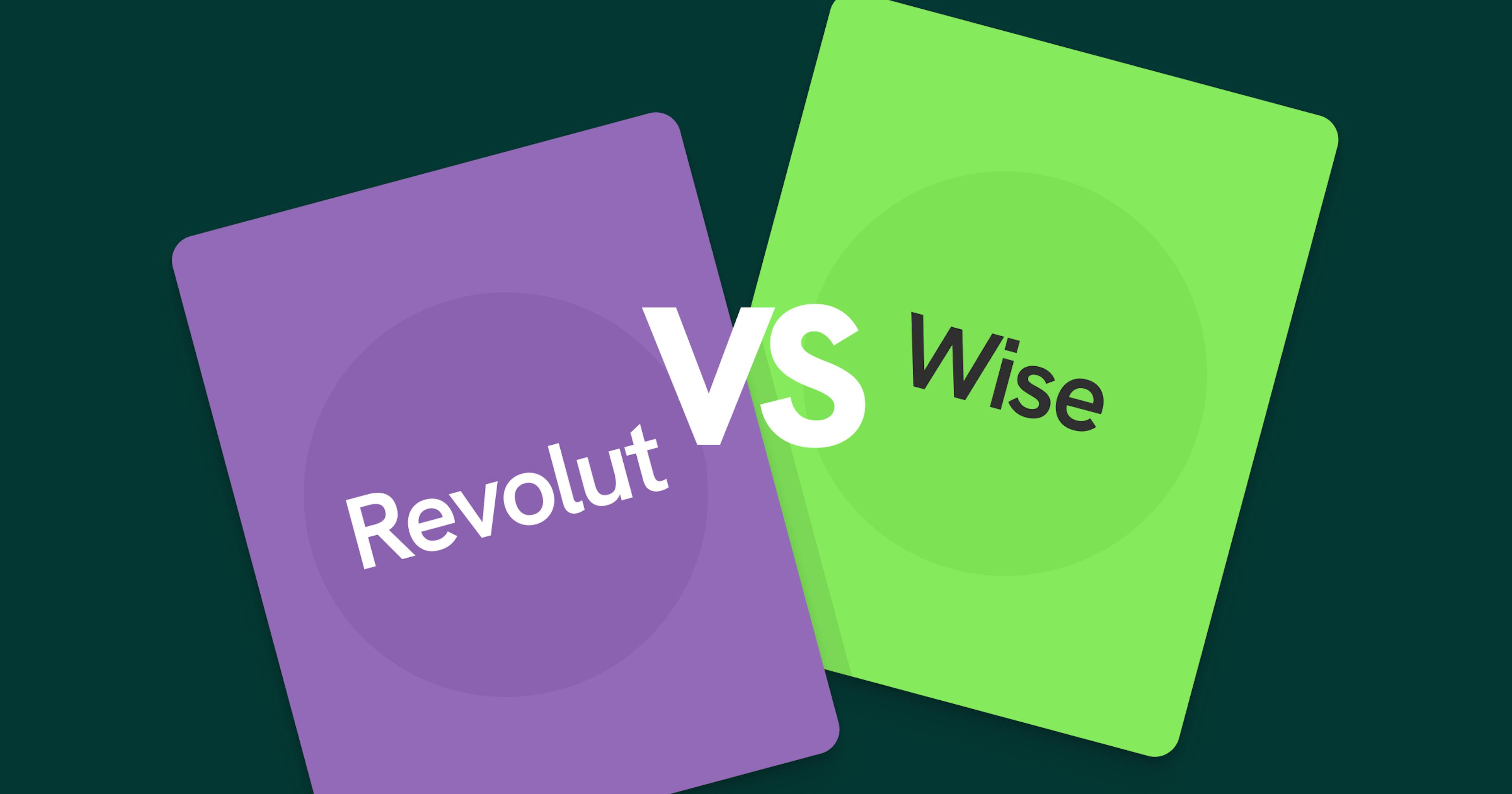 An image with a purple 'Revolut' card on the left and a green 'Wise' card on the right, representing a comparison between the two fintech companies.