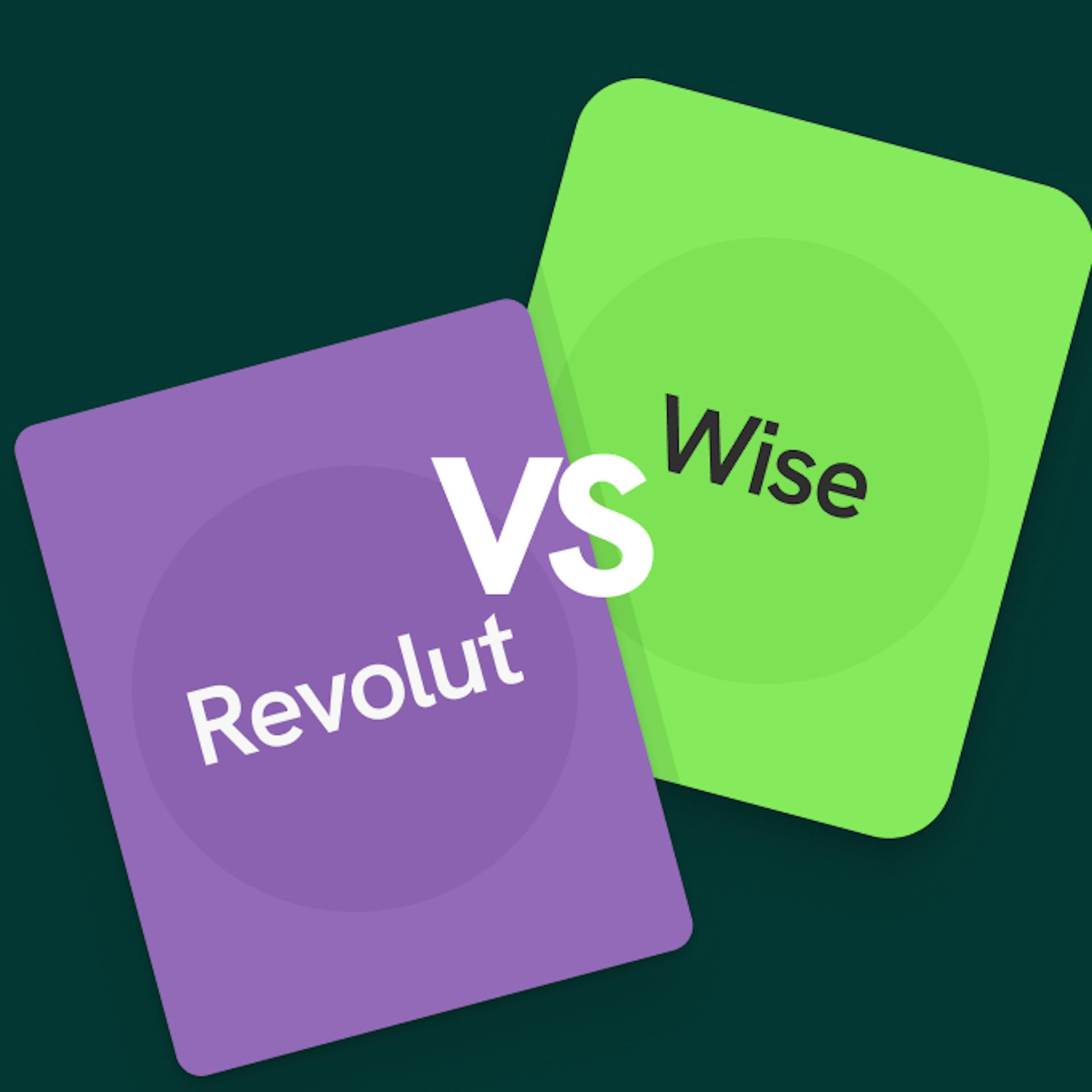 An image with a purple 'Revolut' card on the left and a green 'Wise' card on the right, representing a comparison between the two fintech companies.