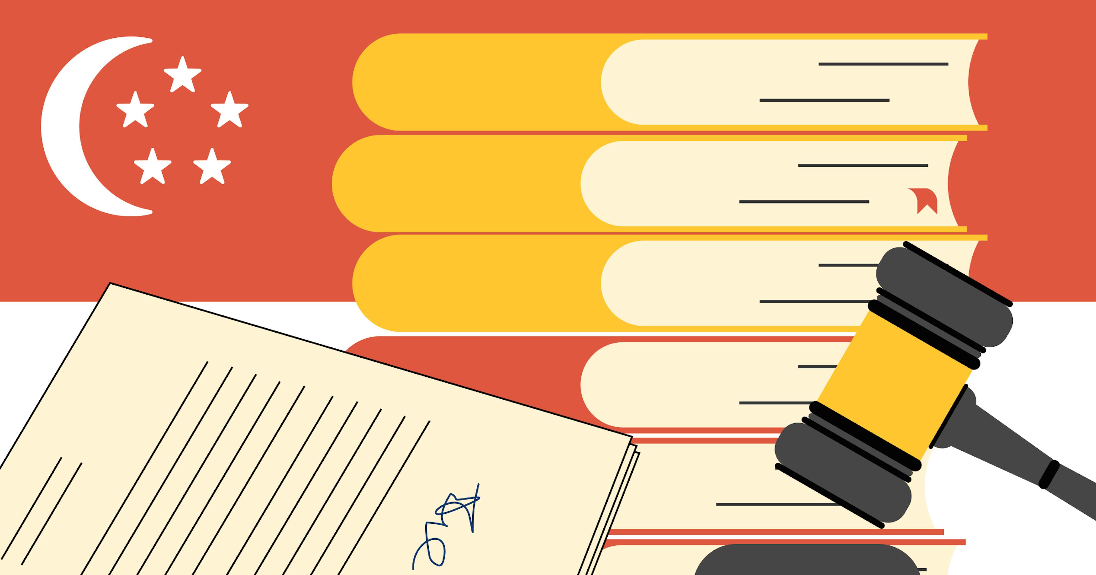 An image of a pile of books with a gavel and a signed piece of paper placed in front of them, and the Singapore flag in the background.