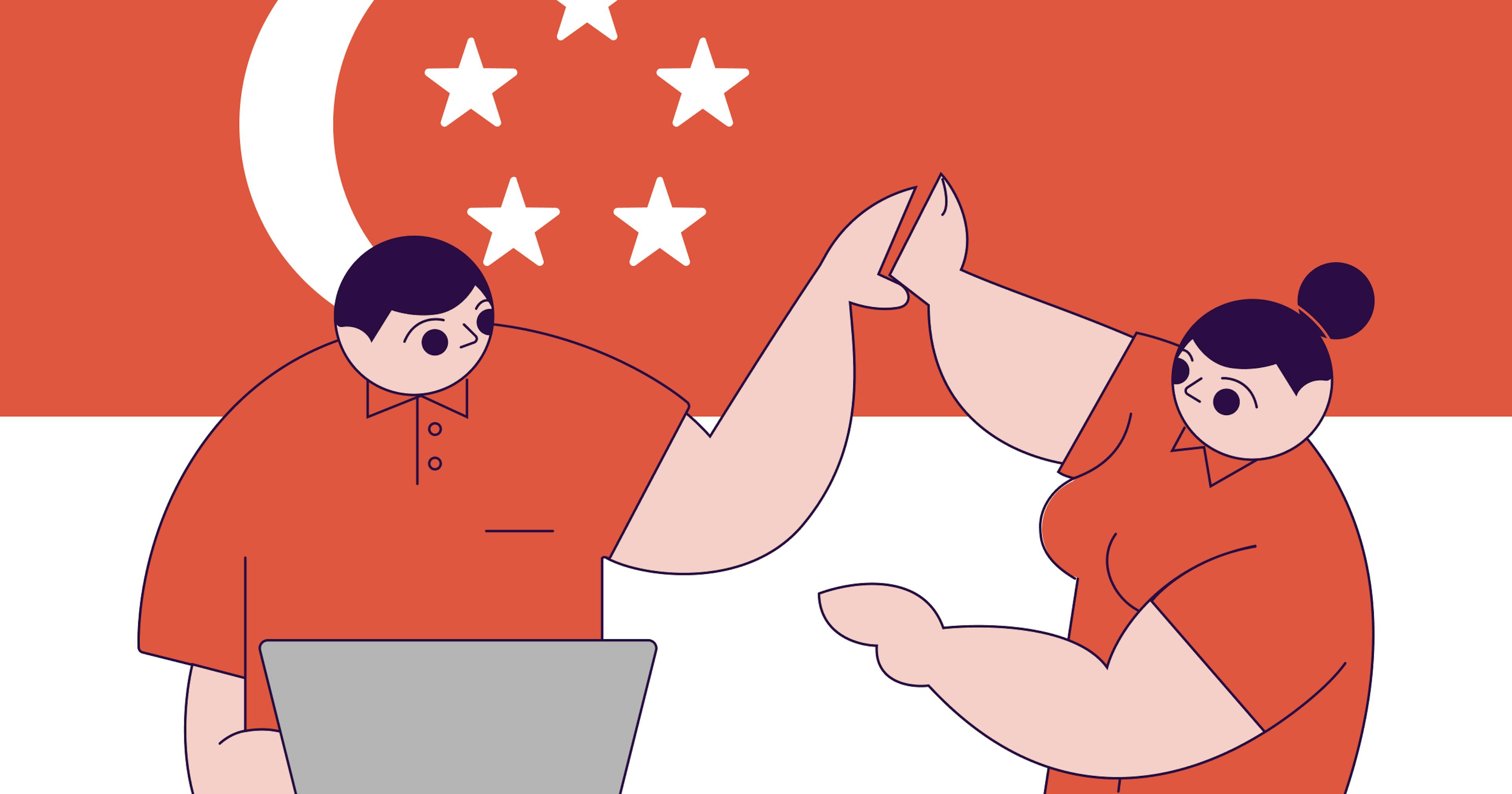 An image of two Statrys boys giving a high-five with the Singapore flag in the background.