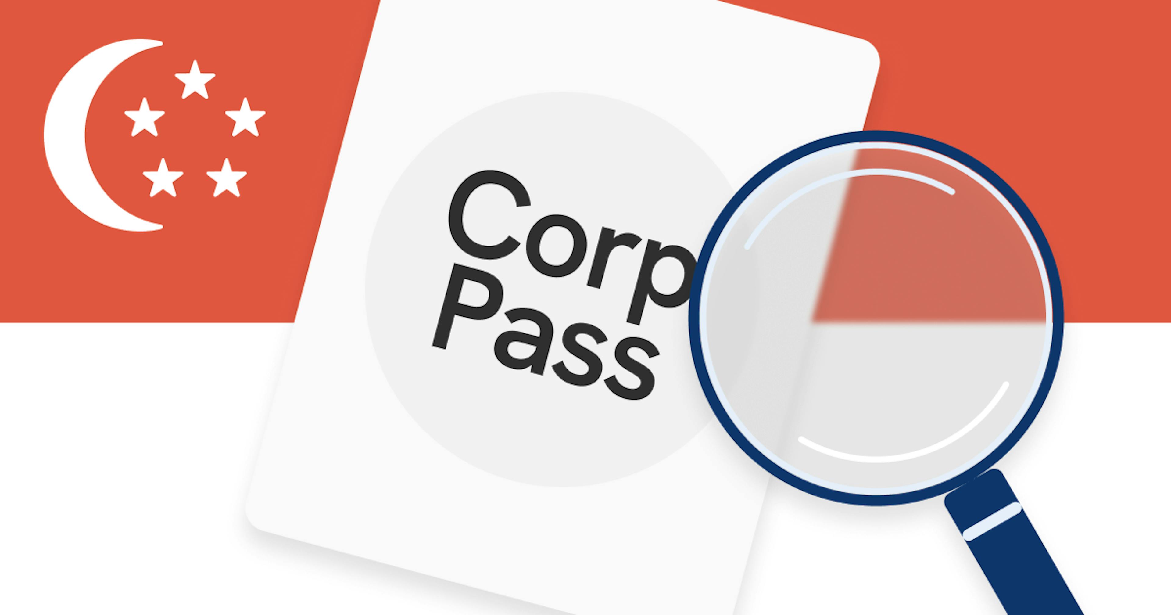 Illustration of a magnifying glass over text that says CorpPass