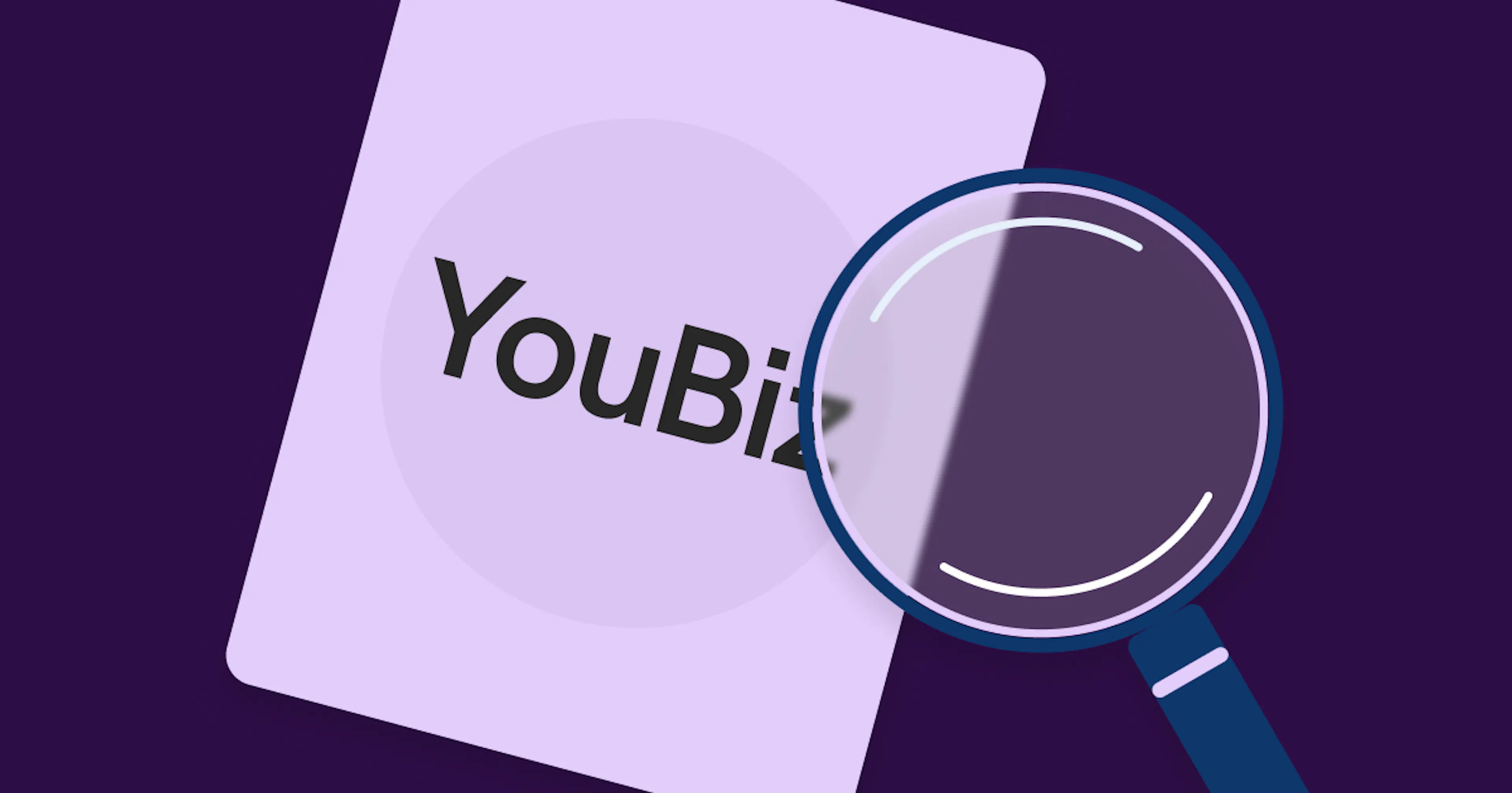An image featuring a card with the word 'YouBiz' on it and a magnifying glass placed in front of the card