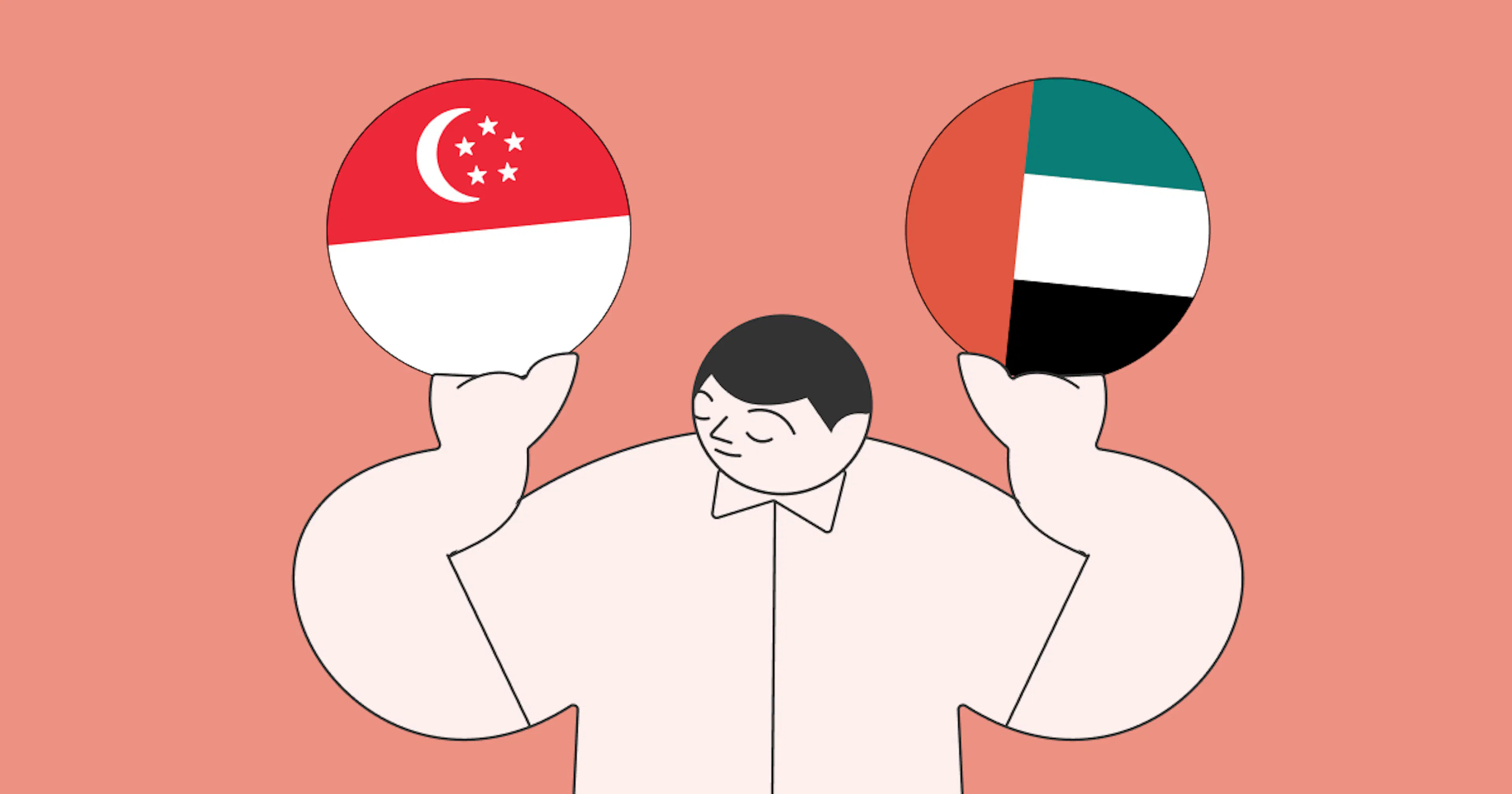 An illustration of a man carrying a Singapore flag and a UAE flag