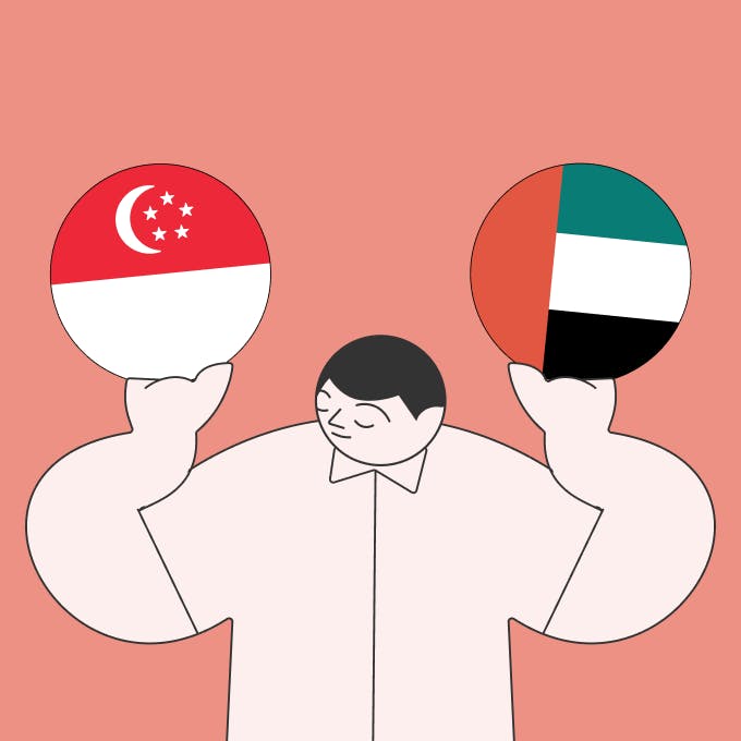 An illustration of a man carrying a Singapore flag and a UAE flag
