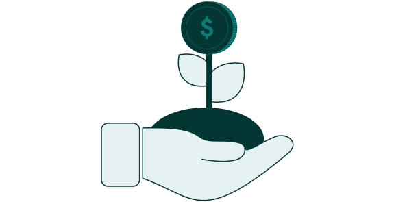 An illustration of a hand holding a growing money plant.