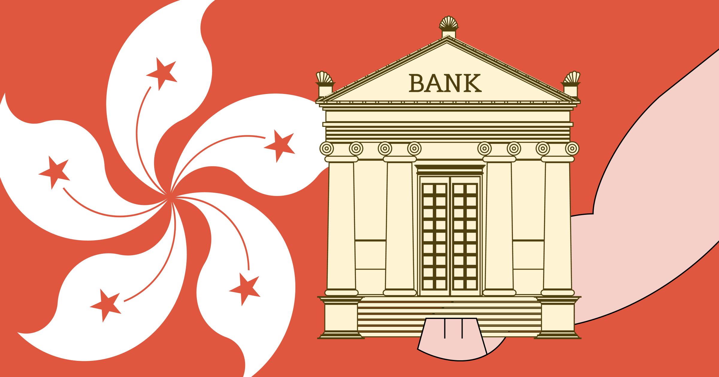 An illustration of a bank in front of the Hong Kong flag