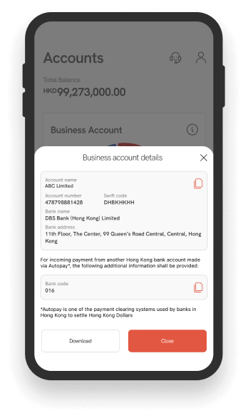 A screenshot of your business account details on the mobile app