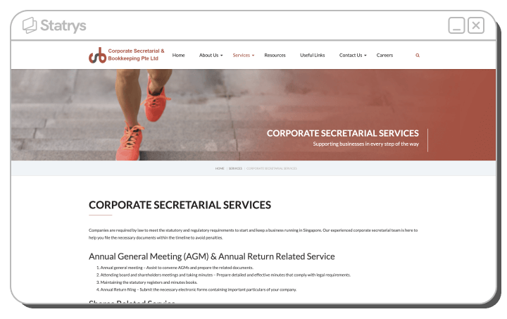 A screenshot of Corporate Secretarial & Bookkeeping Pte Ltd website