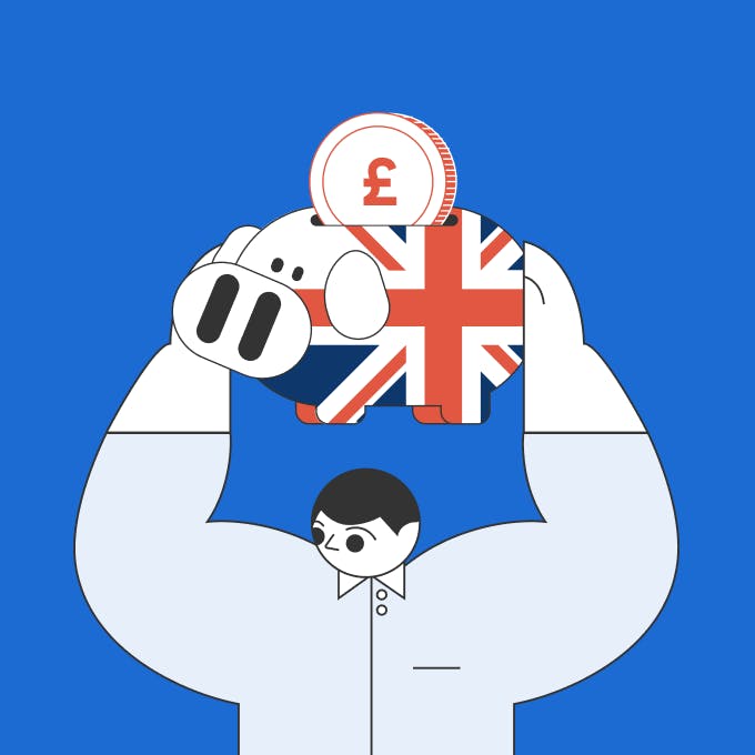 An illustration of a man holding a British bank account