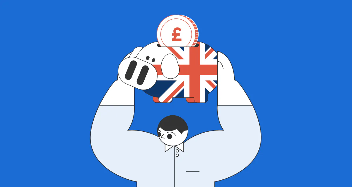 An illustrated man holding a piggy bank representing UK business accounts