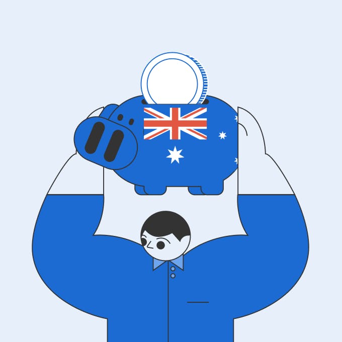 An illustration of a man holding up his Australian bank account