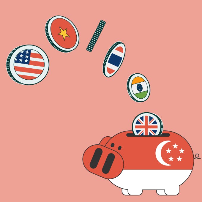 An illustration of multiple currencies going into a Singapore bank