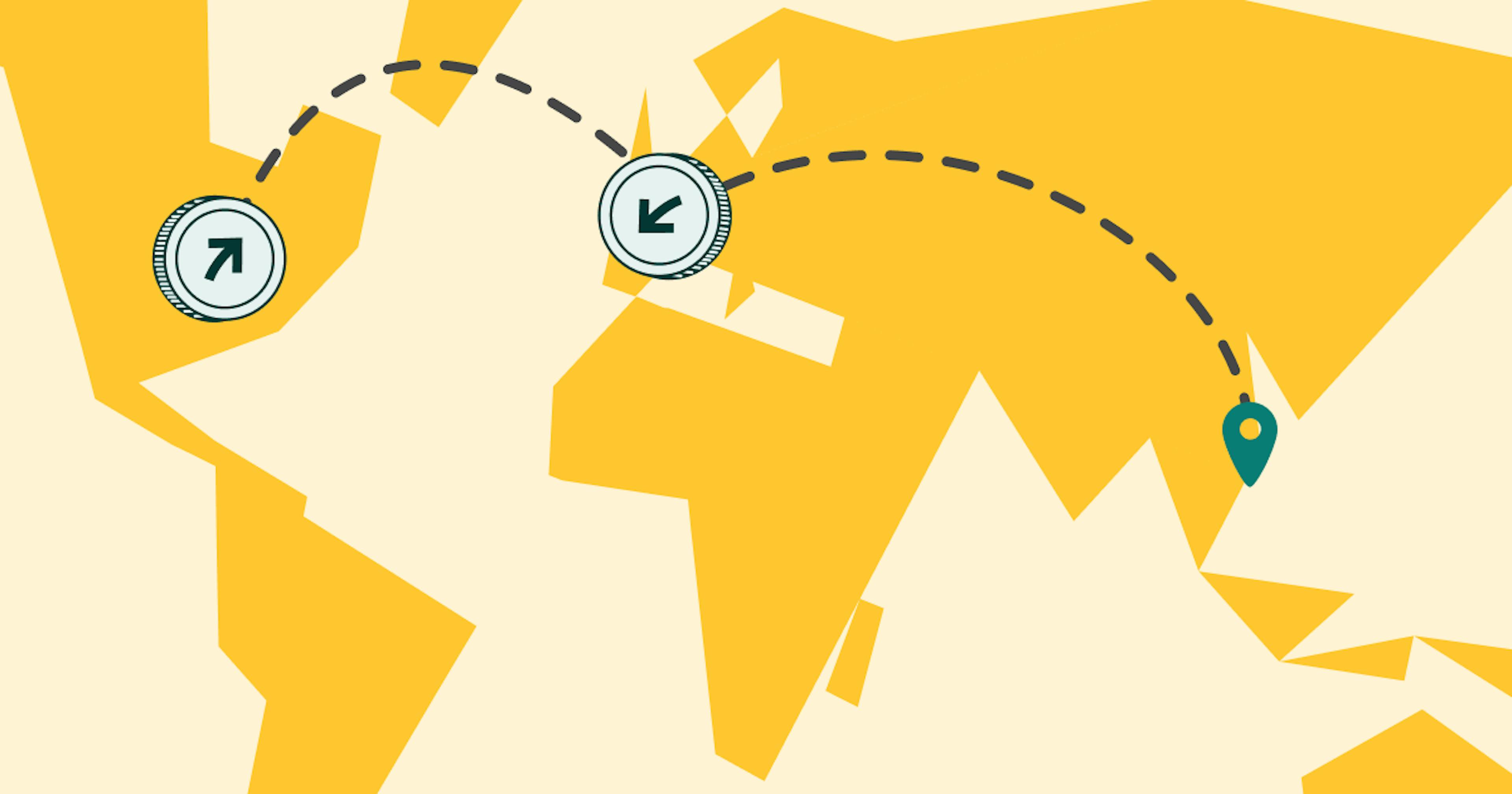 An illustration of a world map with tax flowing out of Hong Kong