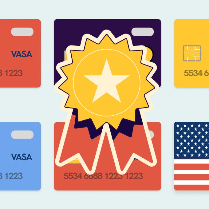 In illustration of a medal with 5 credit cards from the US
