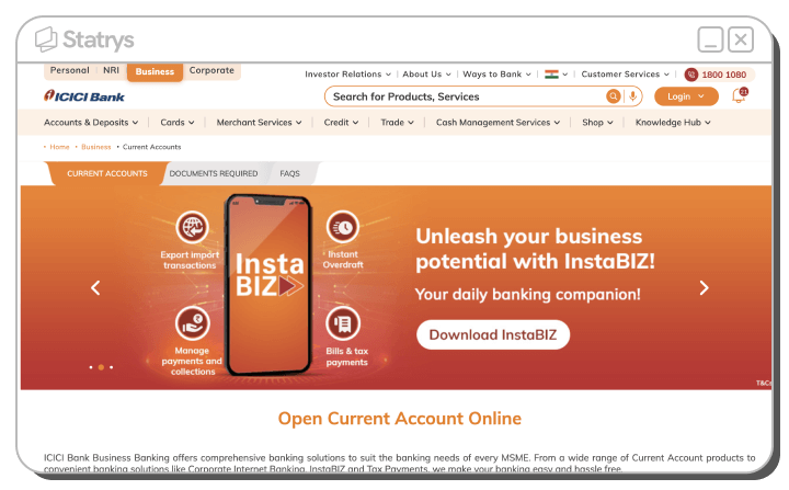A screenshot of ICICI Bank's website