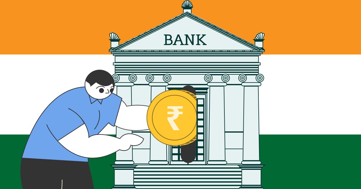 An illustration of a man putting money into an Indian bank