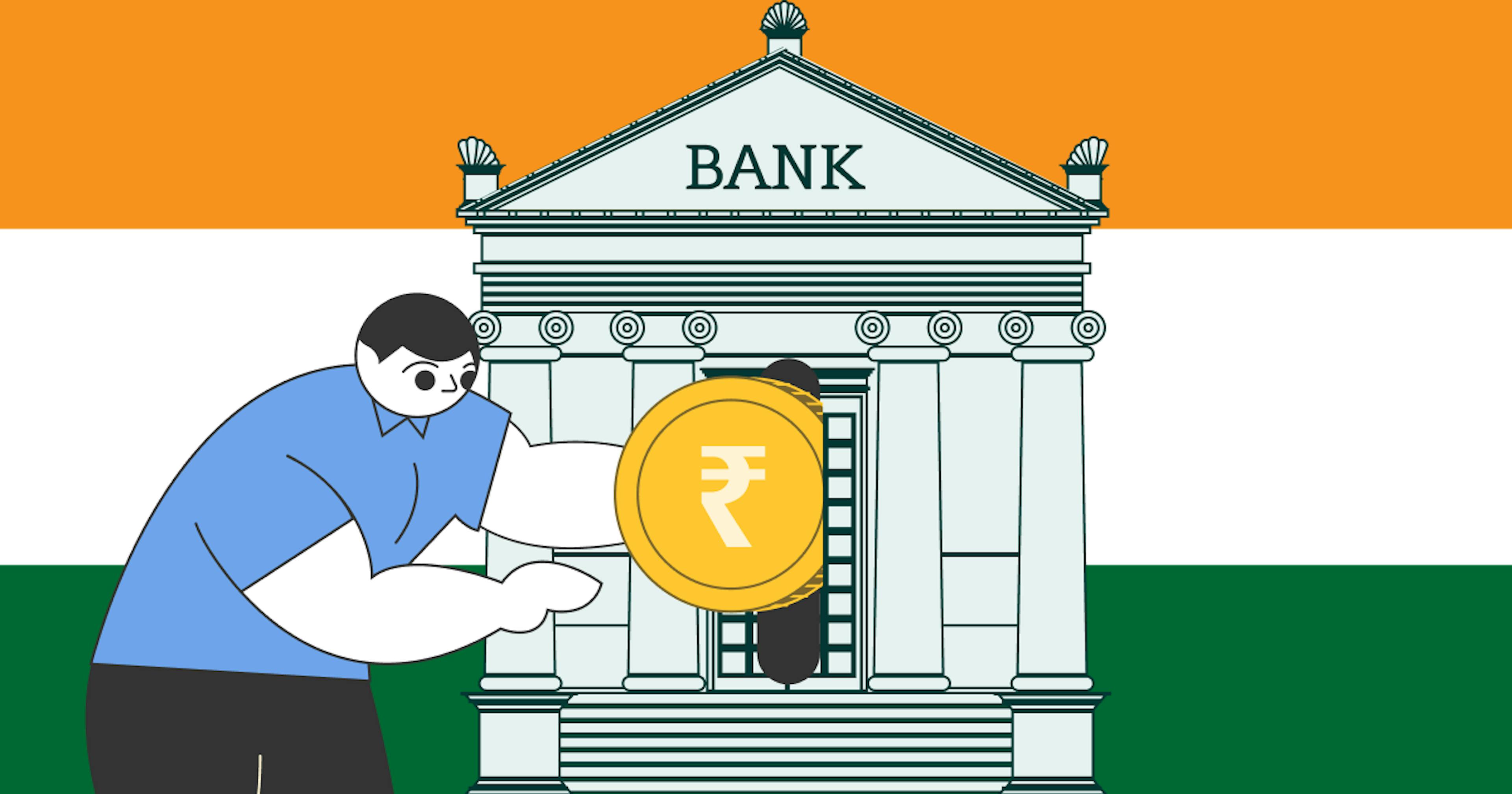 An illustration of a man putting money into an Indian bank