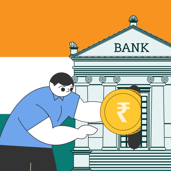 An illustration of a man putting money into an Indian bank