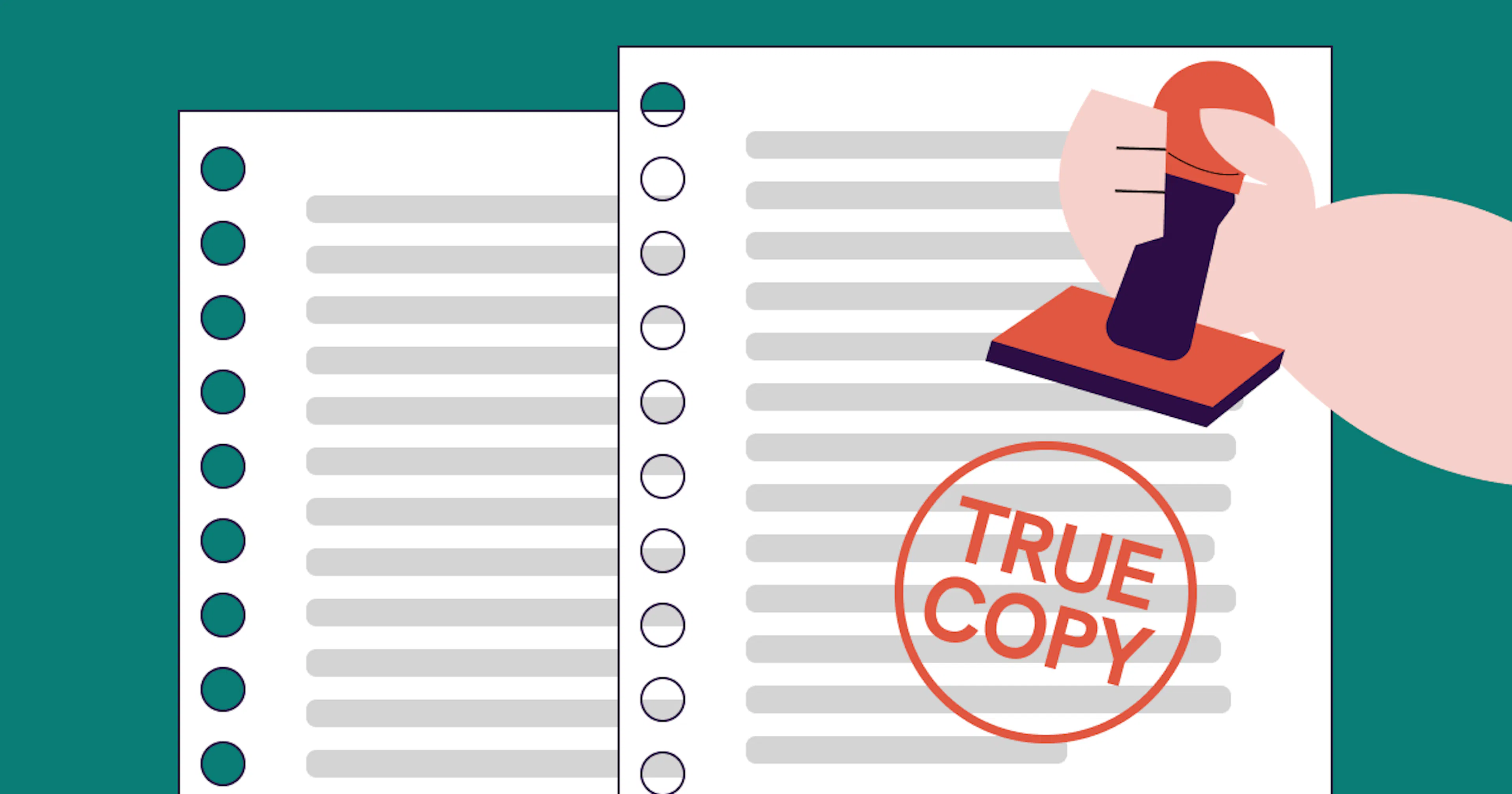 Two illustrations showing document verification with an official stamp, representing certification of true copies